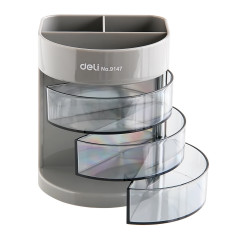 得力9147笔筒 三层多功能笔筒 塑料笔筒  灰色